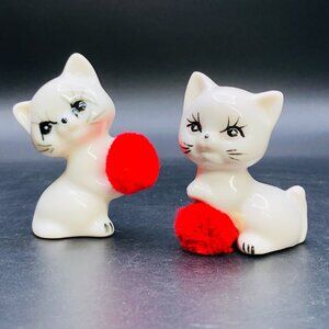 Vintage 80s Kitsch White Cat Figurine Set: Bone China Kitties with Red Pompoms